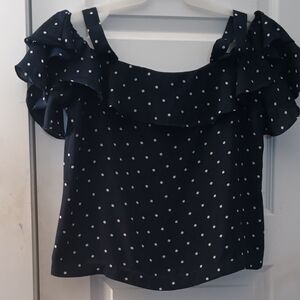J. Crew Dark Blue Blouse with White Dots and Ruffle Detail